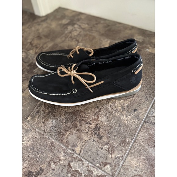 Timberland Mens Black Leather Boat Shoes Moccasins Lace Up Comfort Size 10M - Picture 3 of 6